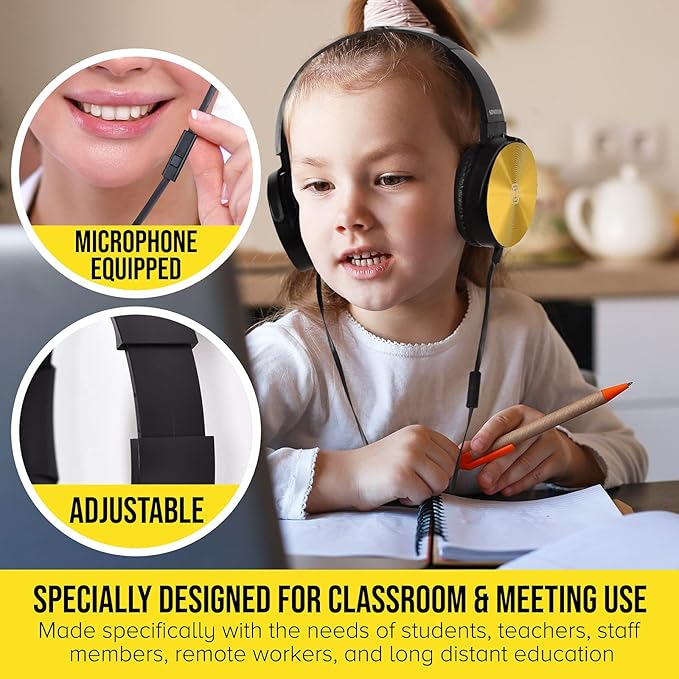 Classroom Headphones With Microphone Bulk 10-Pack, Student On Ear Comfy Swivel Earphones for Library, School, Airplane, Online Learning and Travel, HQ Stereo Sound 3.5mm Jack (Colored With Microphone)