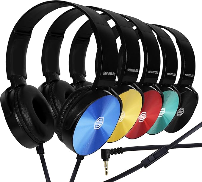 Classroom Headphones With Microphone Bulk 10-Pack, Student On Ear Comfy Swivel Earphones for Library, School, Airplane, Online Learning and Travel, HQ Stereo Sound 3.5mm Jack (Colored With Microphone)