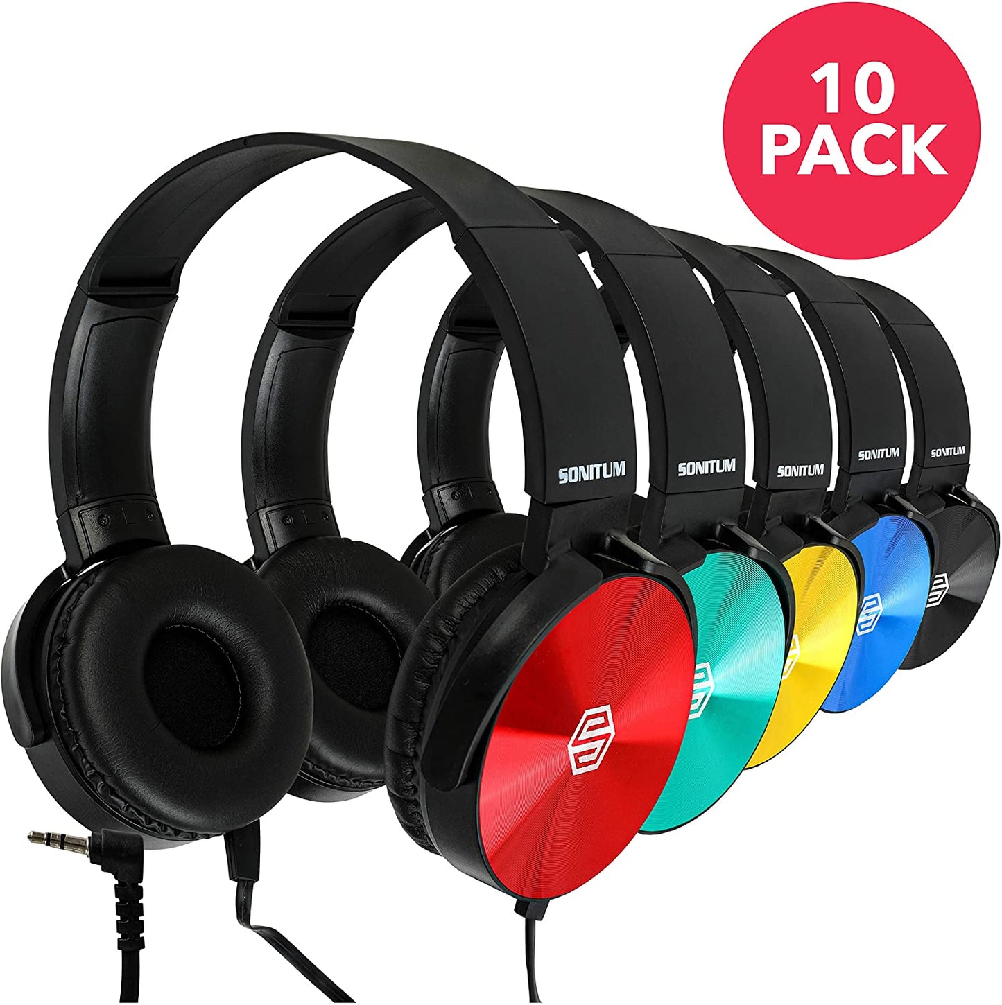 Classroom Headphones-Bulk 10-Pack, Student On Ear Color Varieties- Comfy Swivel Earphones for Library, School, Airplane, Kids-for Online Learning and Travel-Noise Reducing, HQ Stereo Sound 3.5mm Jack