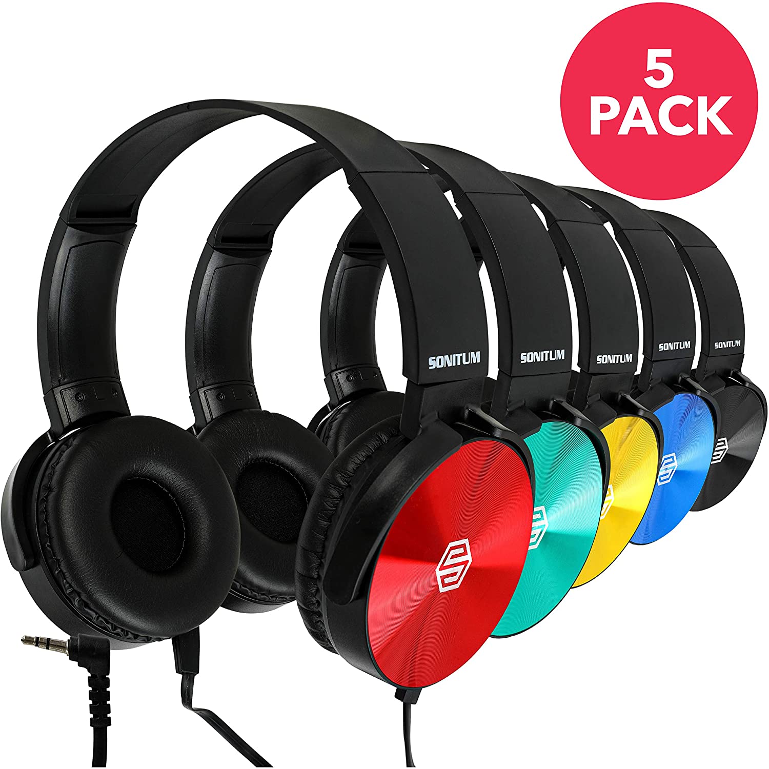 Classroom Headphones Bulk 5 Pack, Student On Ear Color Varieties