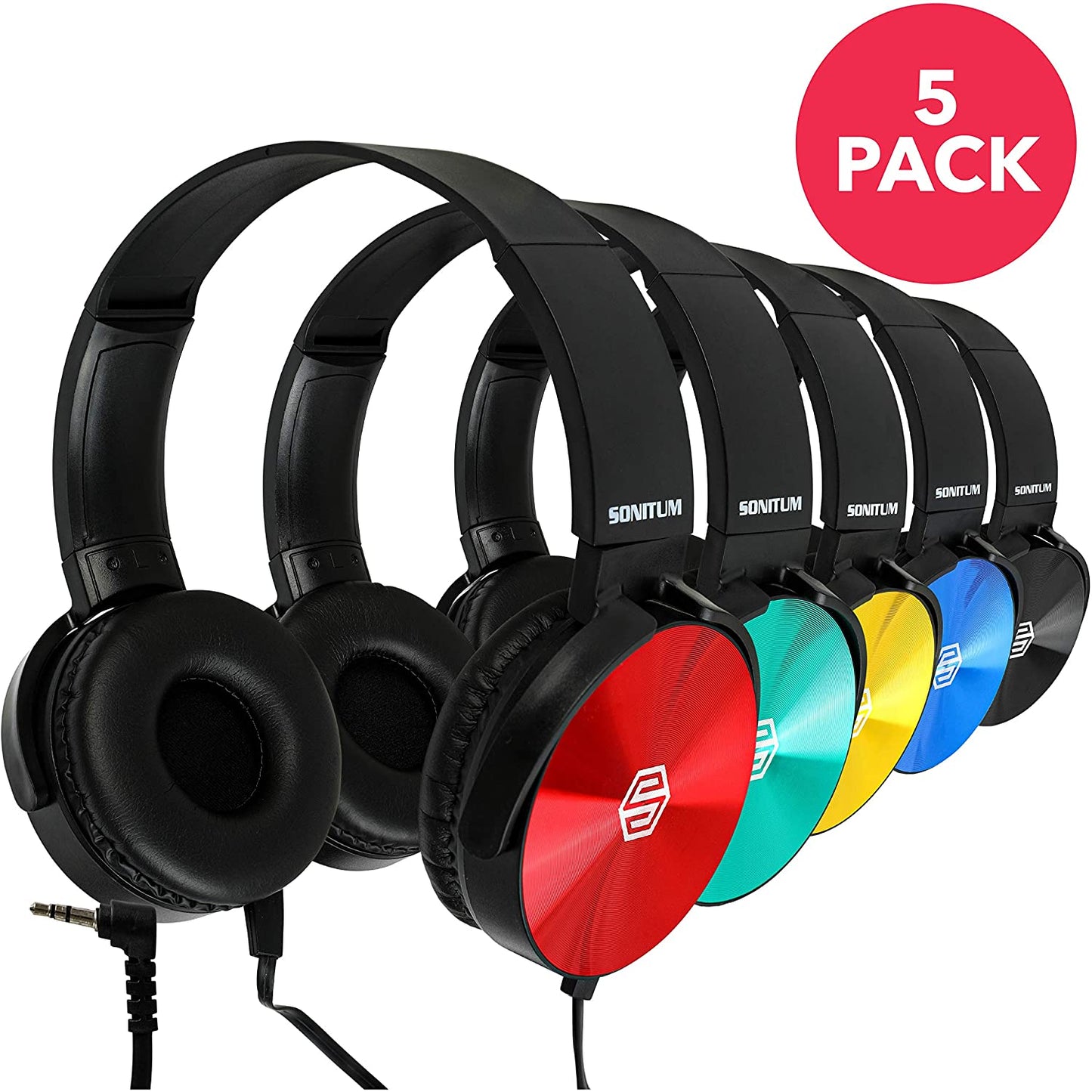 Classroom Headphones Bulk 5 Pack, Student On Ear Color Varieties, Comfy Swivel Earphones for Library, School, Airplane, Kids, for Online Learning and Travel, Noise Reducing, Stereo Sound 3.5mm Jack