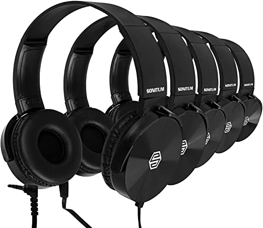 Classroom Headphones-Bulk 10-Pack, Student On Ear Color Varieties- Comfy Swivel Earphones for Library, School, Airplane, Kids-for Online Learning and Travel, HQ Stereo Sound 3.5mm Jack (Black)