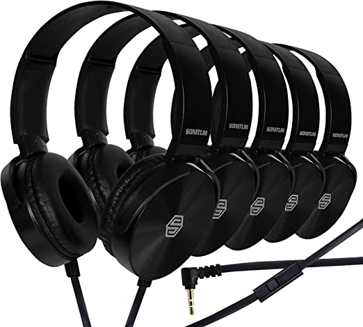 Premium Classroom Headphone & Mic Set by Sonitum- 3.5mm Jack Stereo Sound Earphones with Microphone & Soft Swivel On Ear Pads- Perfect for E-Learning, Meetings, Calls - Bulk Pack of 5 (Black)