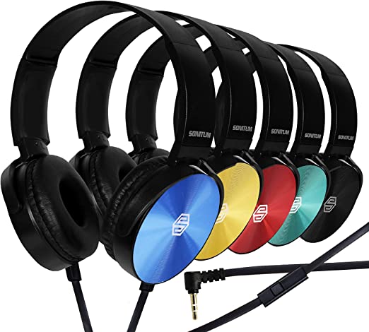 Premium Classroom Headphone & Mic Set by Sonitum- 3.5mm Jack Stereo Sound Earphones with Microphone & Soft Swivel On Ear Pads- Perfect for E-Learning, Meetings, Calls - Bulk Pack of 5 (Colorful)