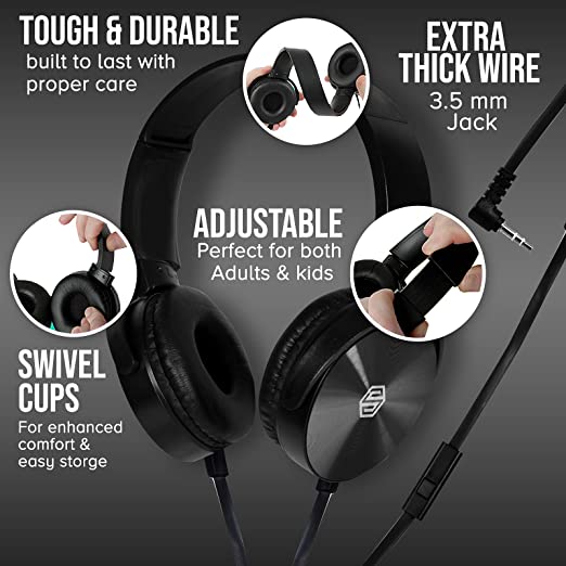 Premium Classroom Headphone & Mic Set by Sonitum- 3.5mm Jack Stereo Sound Earphones with Microphone & Soft Swivel On Ear Pads- Perfect for E-Learning, Meetings, Calls - Bulk Pack of 5 (Black)